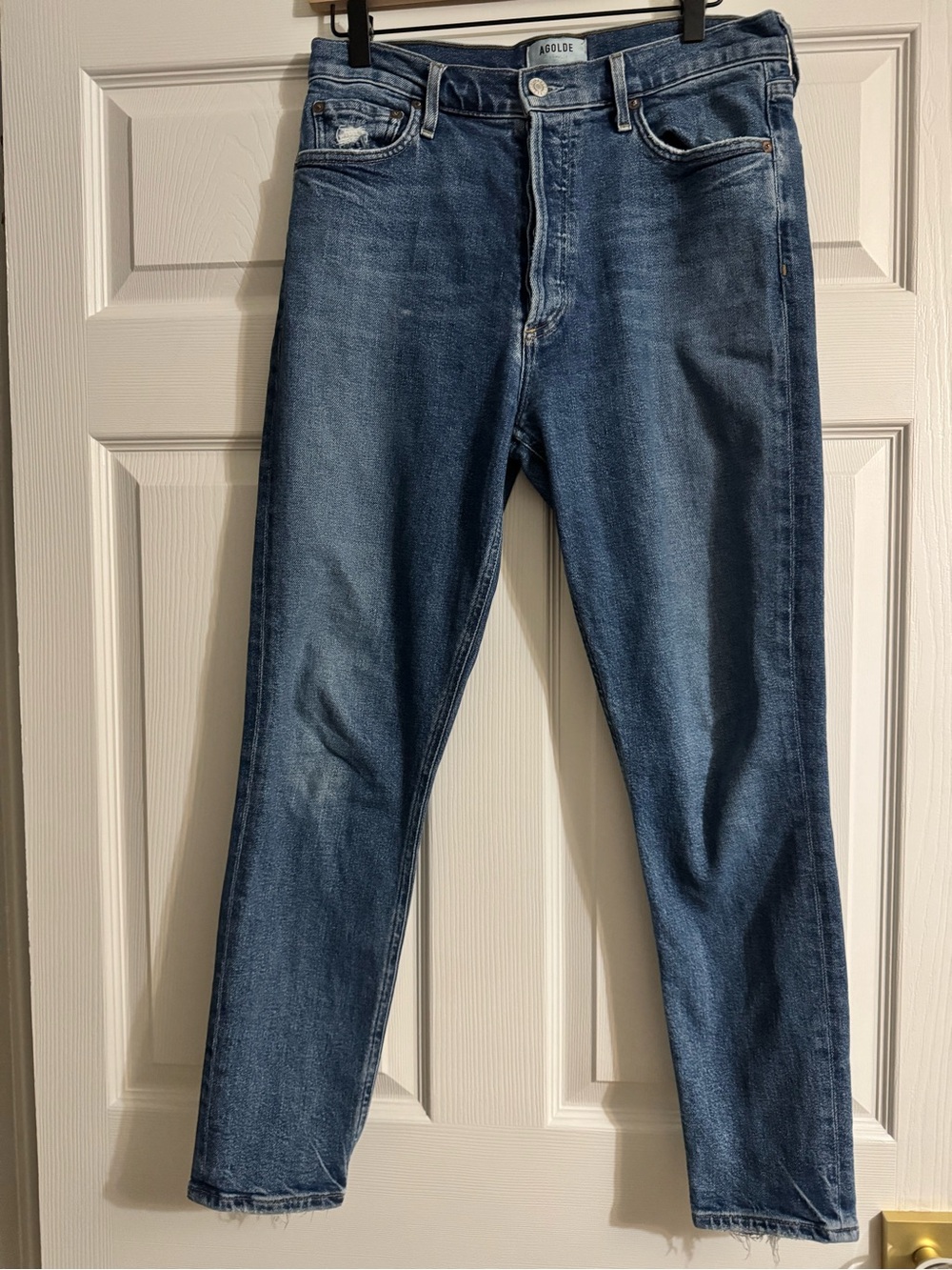 AGOLDE Nico High Rise Jeans 29 Button Fly Distressed Hem Blue Denim